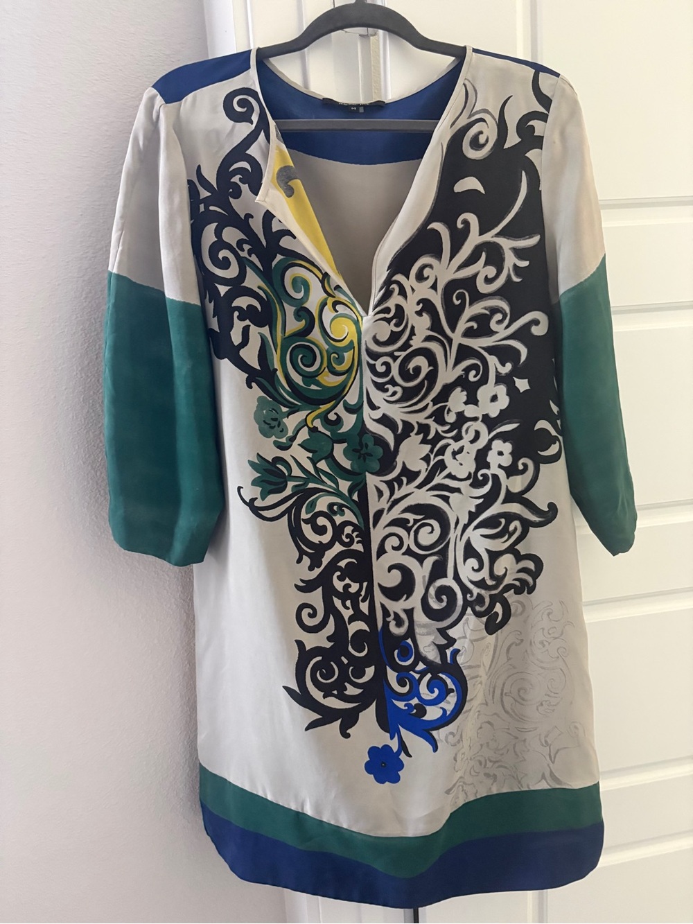 Stylish Floral Scroll Print Tunic Dress - Green/Blue 100% Silk